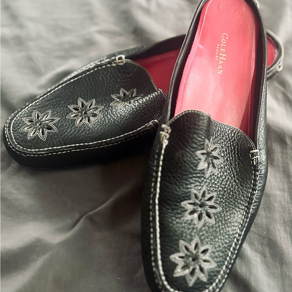 Cole Haan Black Moccasins with Floral Detail